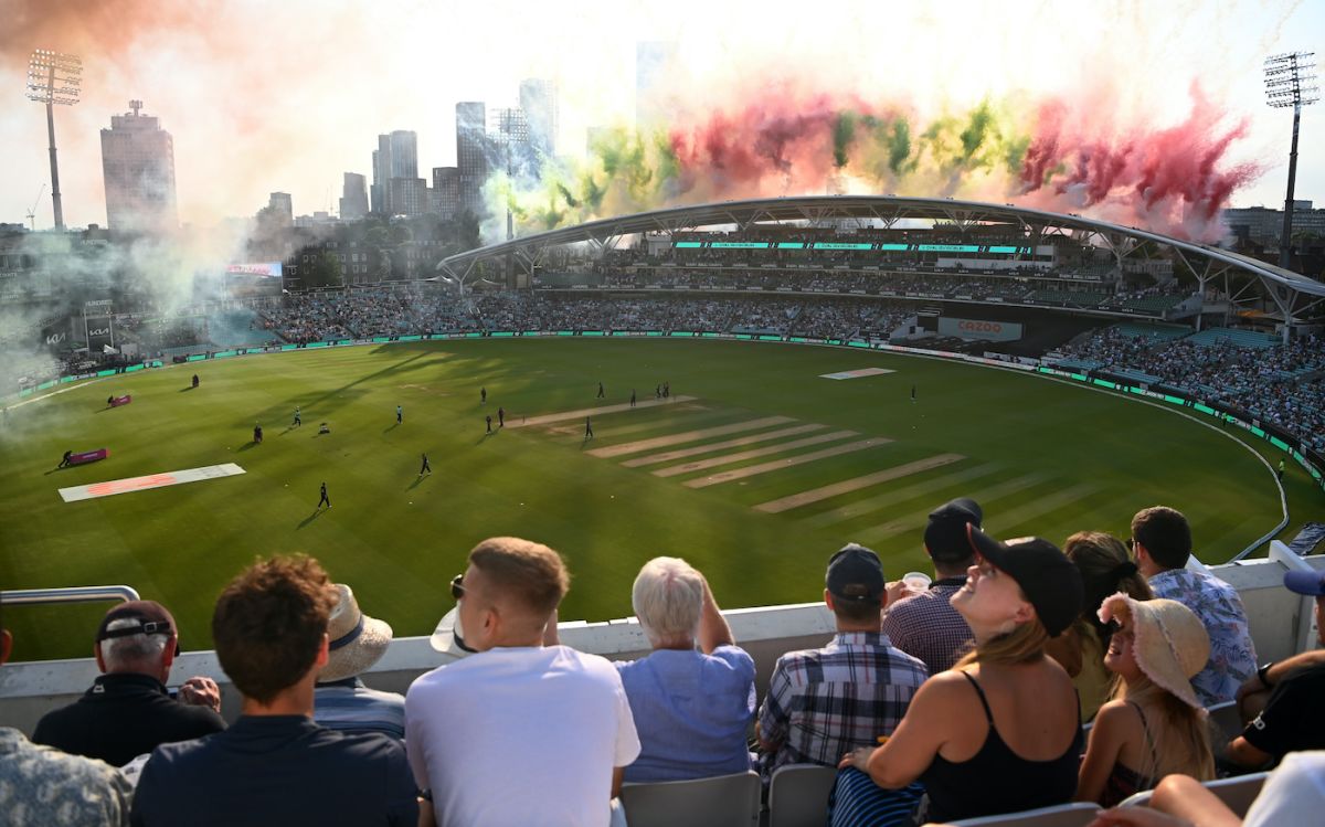 Pyros go off before the players take the field for the opening men's match, Oval Invincibles vs Manchester Originals, the Hundred, The Oval, July 22, 2021