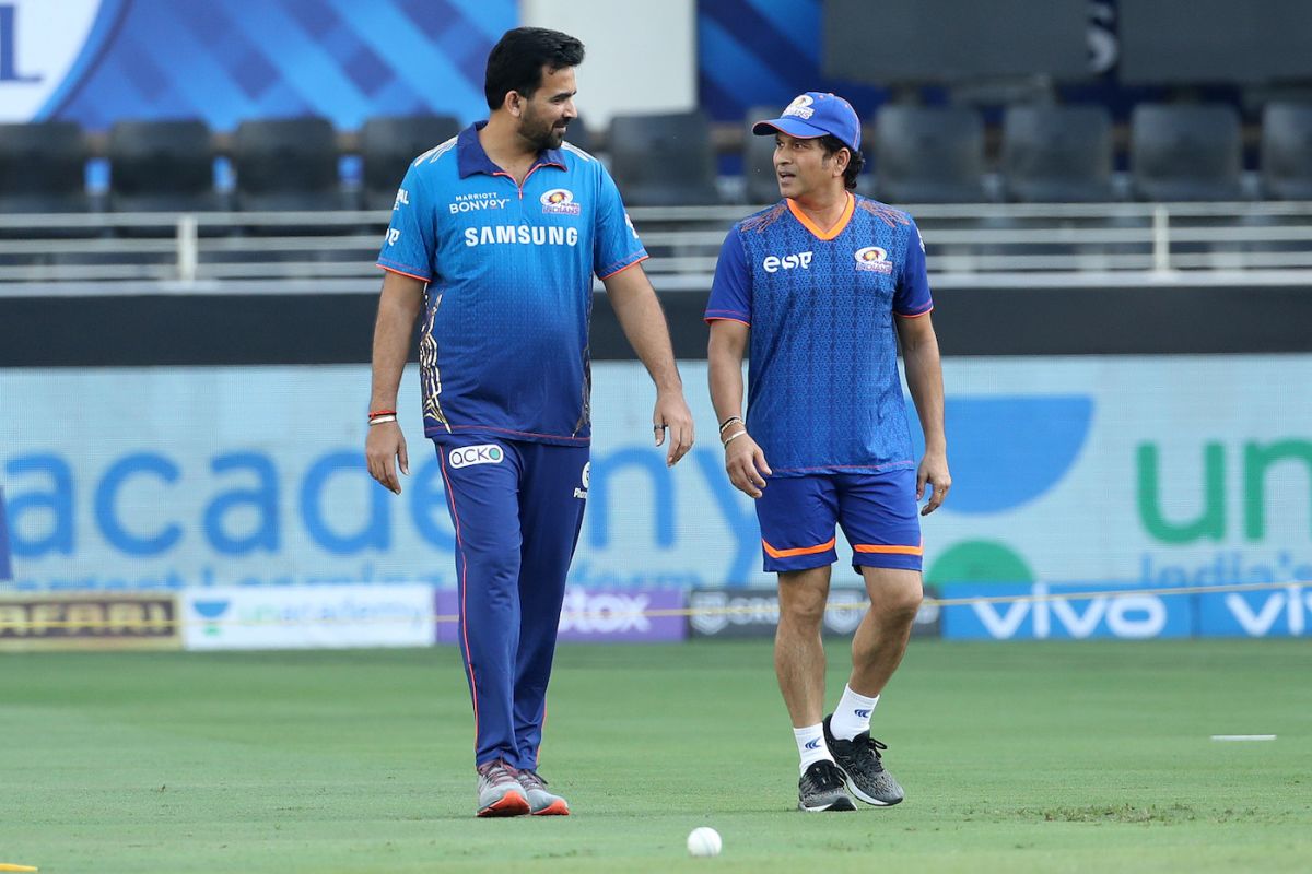 Zaheer Khan and Sachin Tendulkar arrive at the team's pre-match warm-up session, Chennai Super Kings vs Mumbai Indians, IPL 2021, Dubai, September 19, 2021