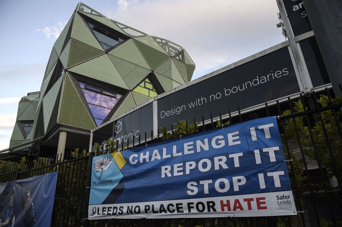 An anti-racism banner hangs outside Yorkshire's Headingley Stadium in Leeds, Headingley, November 5, 2021