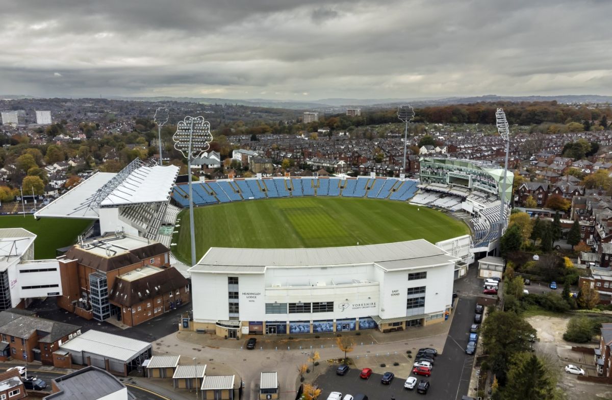 An aerial view of Headingley, with Yorkshire's former sponsors removed from the ground, November 10, 2021