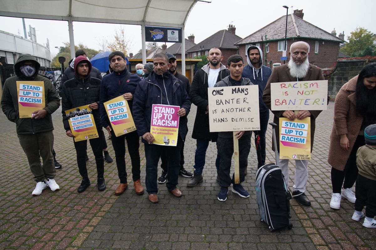 Protesters outside Headingley Stadium in support of Azeem Rafiq after he spoke out about racism and bullying he suffered at Yorkshire, 