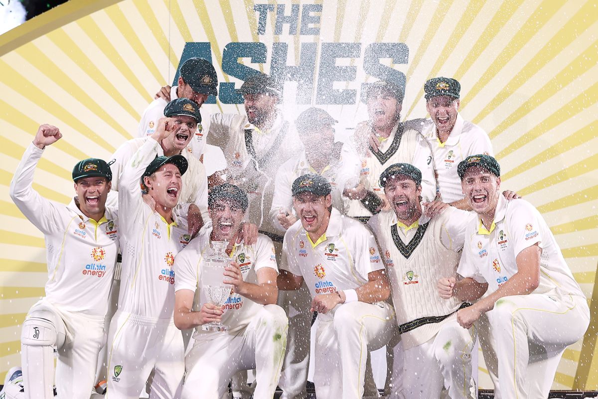 Corks fly as the Australians celebrate a 4-0 series win, Australia vs England, Men's Ashes, 5th Test, 3rd day, Hobart, January 16, 2021