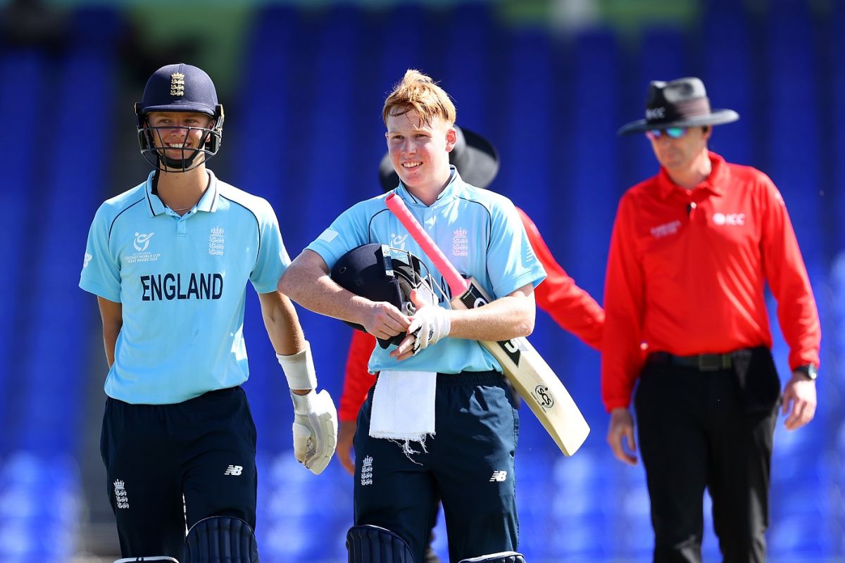 England's unbeaten duo of William Luxton and James Rew walk back after the win, England U-19 vs Bangladesh U-19, ICC Under 19 World Cup, Group A, Warner Park, January 16, 2022