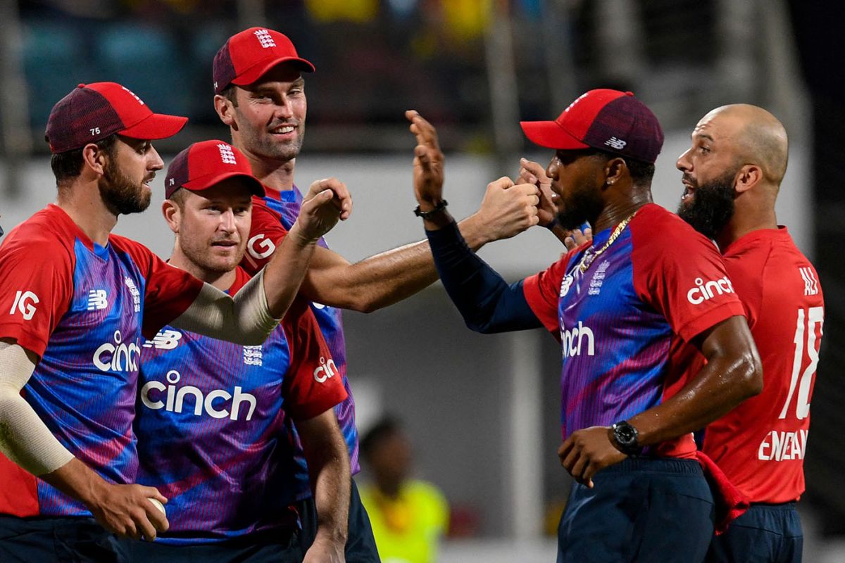 England celebrate the dismissal of Nicholas Pooran, West Indies vs England, 2nd T20I, Kensington Oval, Barbados, January 23, 2022