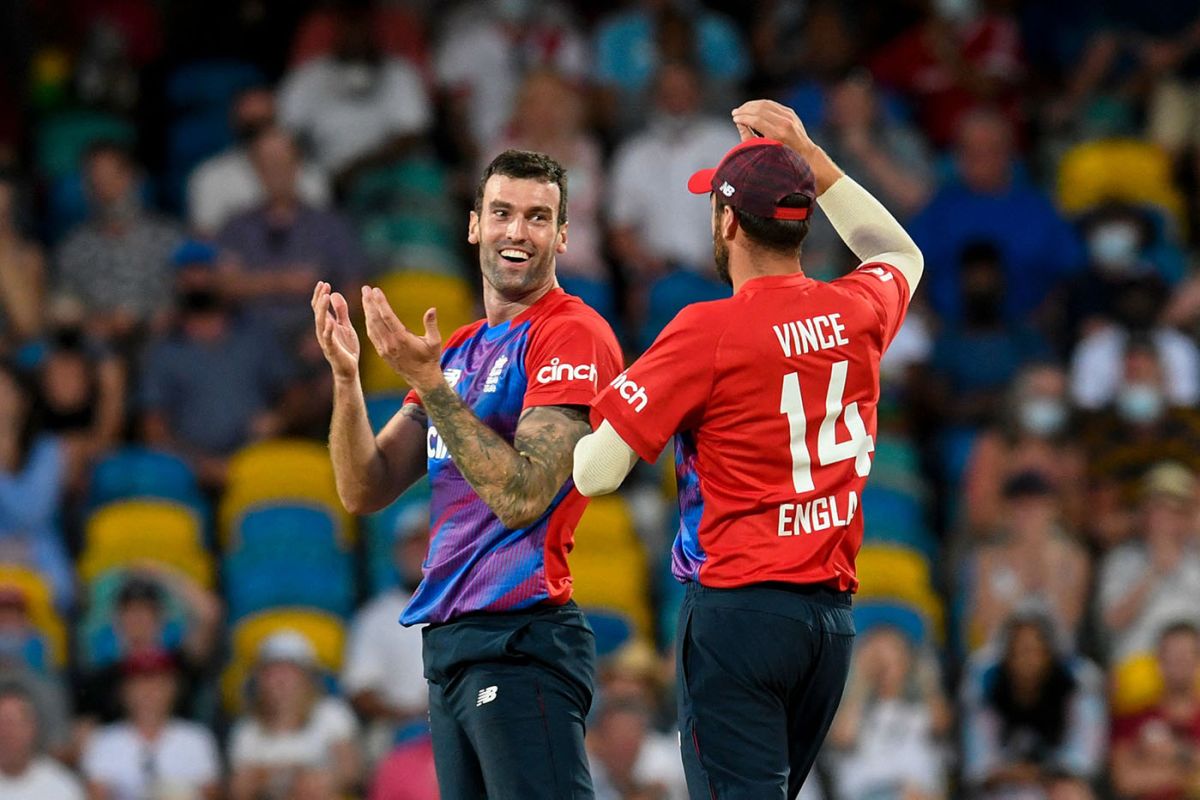 Reece Topley celebrates after running Shai Hope out, West Indies vs England, 2nd T20I, Kensington Oval, Barbados, January 23, 2022