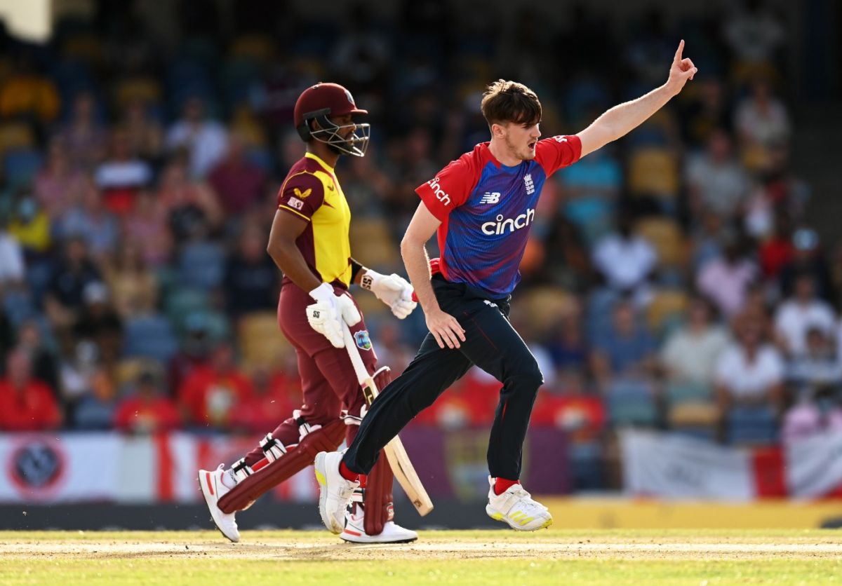 George Garton celebrates his maiden international wicket, West Indies vs England, Kensington Oval, Barbados, 3rd T20I, January 26, 2022