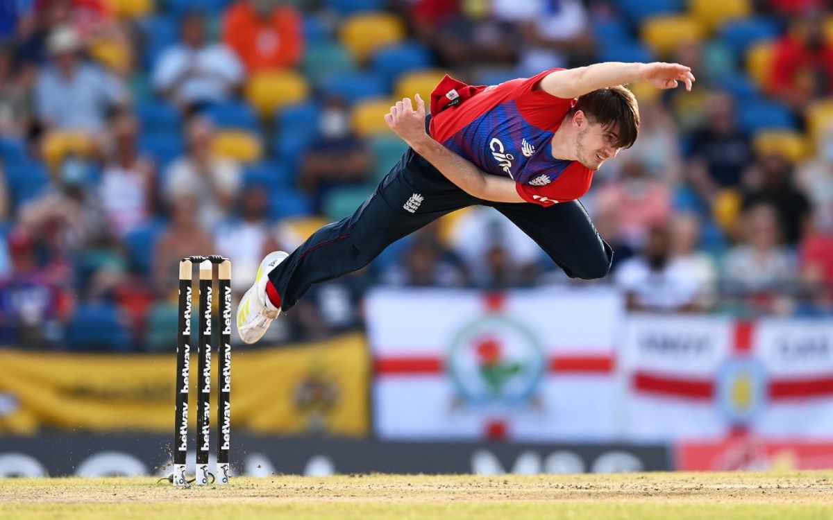George Garton takes off in his followthrough, West Indies vs England, Kensington Oval, Barbados, 3rd T20I, January 26, 2022