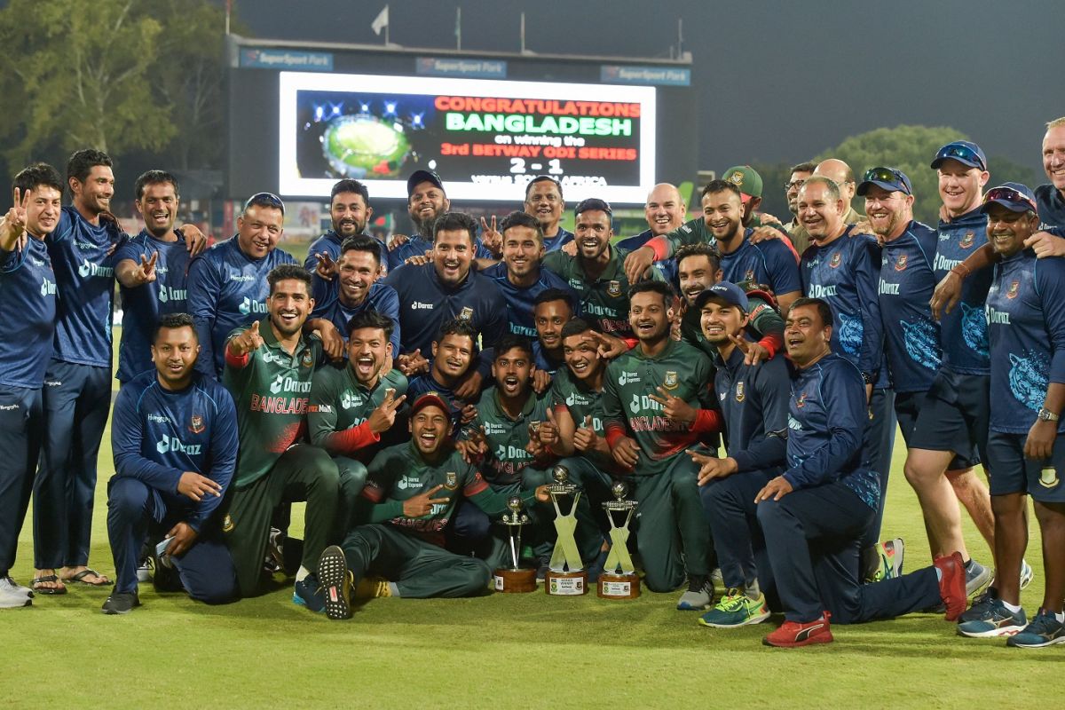 The Bangladesh team celebrate after winning their first ODI series in