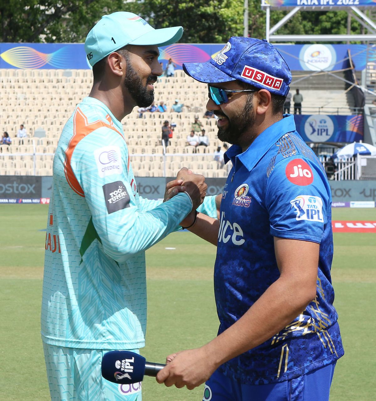 KL Rahul and Rohit Sharma greet each other at the toss, Lucknow Super Giants vs Mumbai Indians, IPL 2022, Brabourne Stadium, Mumbai, April 16, 2022
