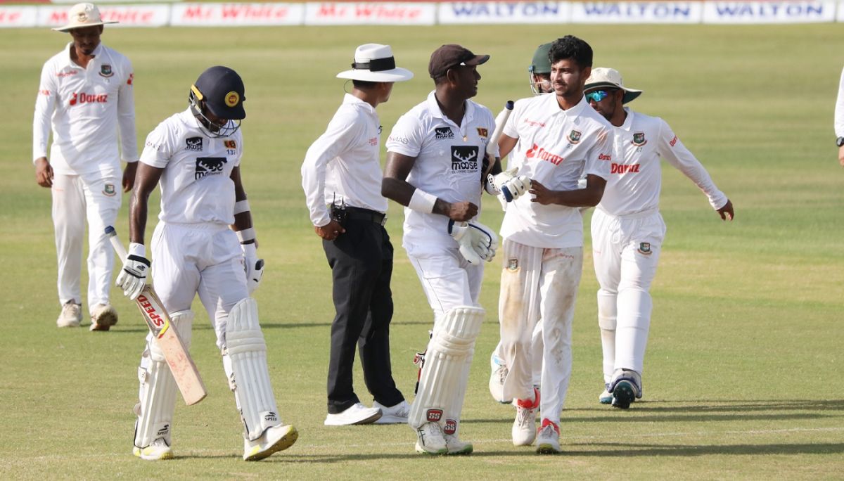Nayeem Hasan walks up to Angelo Mathews after dismissing him on 199 for his sixth wicket, Bangladesh vs Sri Lanka, 1st Test, Chattogram, 2nd day, May 16, 2022
