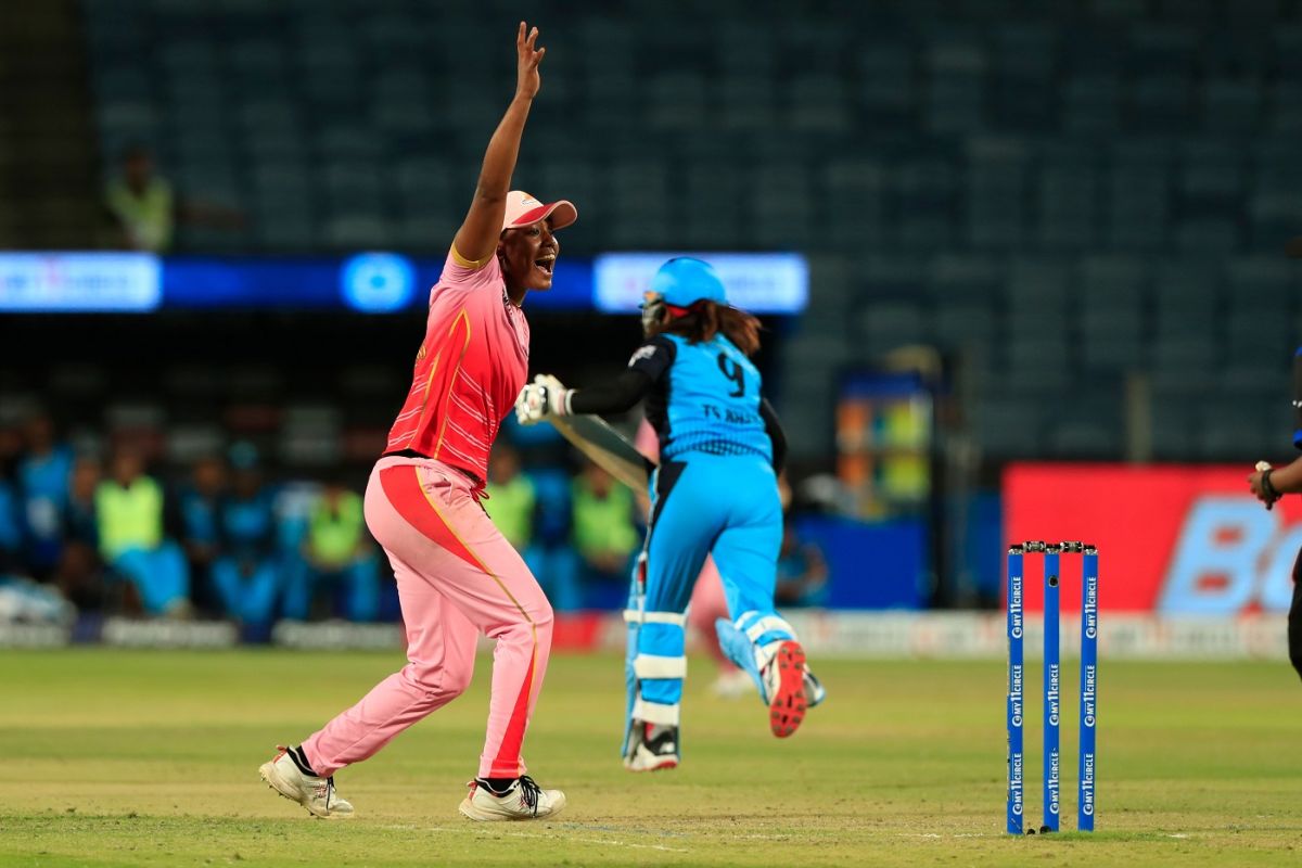 Hayley Matthews celebrates the dismissal of Sophie Ecclestone, Supernovas vs Trailblazers, Women's T20 Challenge, Pune, May 23, 2022