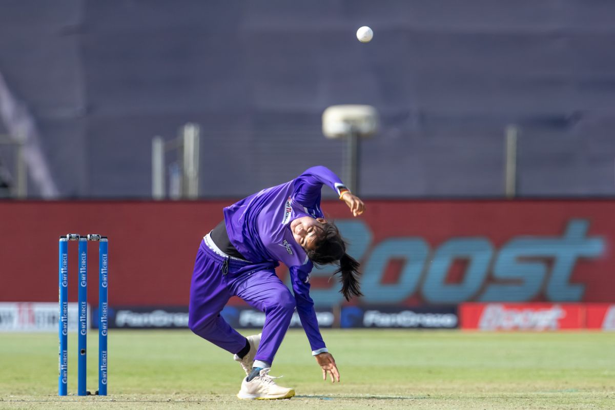 Maya Sonawane brought with her a curious bowling action, but proved expensive, Supernovas vs Velocity, Women's T20 Challenge 2022, Pune, May 24, 2022