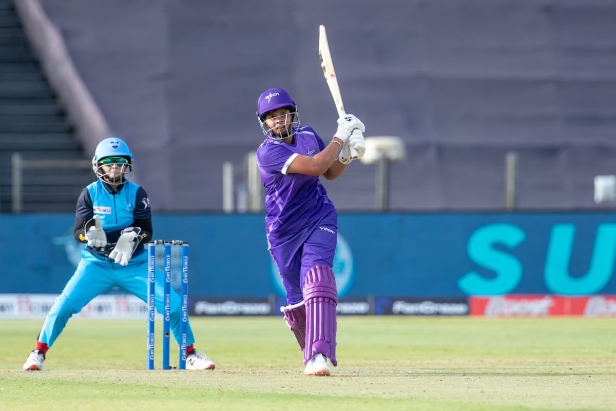 Shafali Verma smacks the ball down the ground - she found it easier to score quickly than most other batters, Supernovas vs Velocity, Women's T20 Challenge 2022, Pune, May 24, 2022