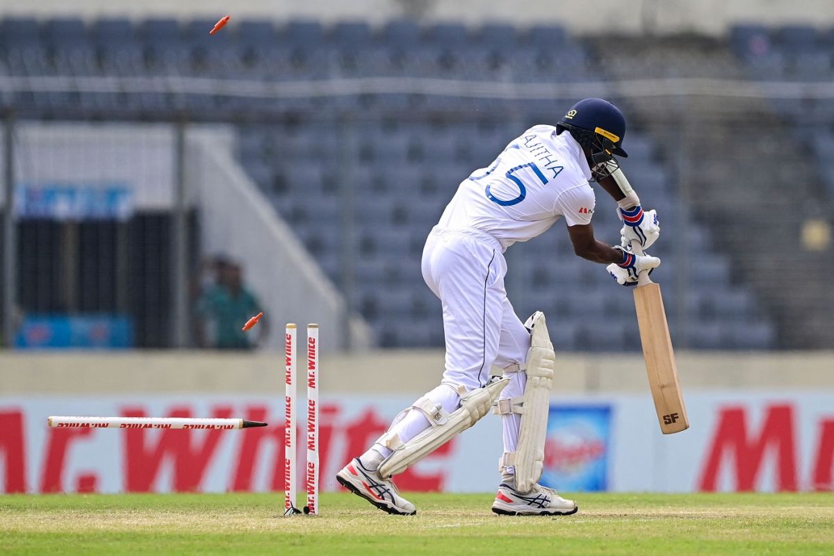 Kasun Rajitha was bowled by Ebadot Hossain in the first over of the day, Bangladesh vs Sri Lanka, 2nd Test, Mirpur, Day 3, May 25, 2022
