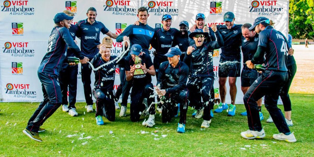 The Namibia players have reason to celebrate after their famous win, Bulawayo, May 24, 2022