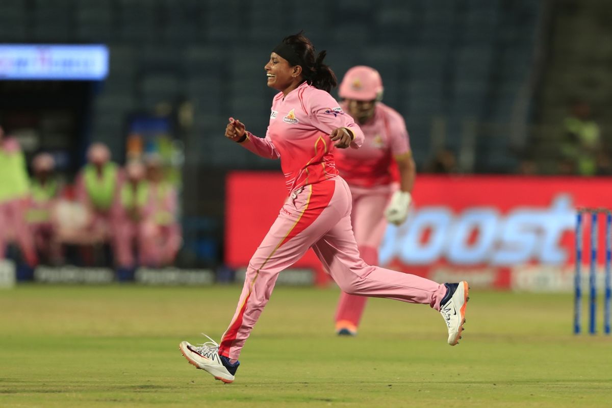 Rajeshwari Gayakwad wheels away after taking a wicket, Trailblazers vs Velocity, Women's T20 Challenge, Pune, May 26, 2022