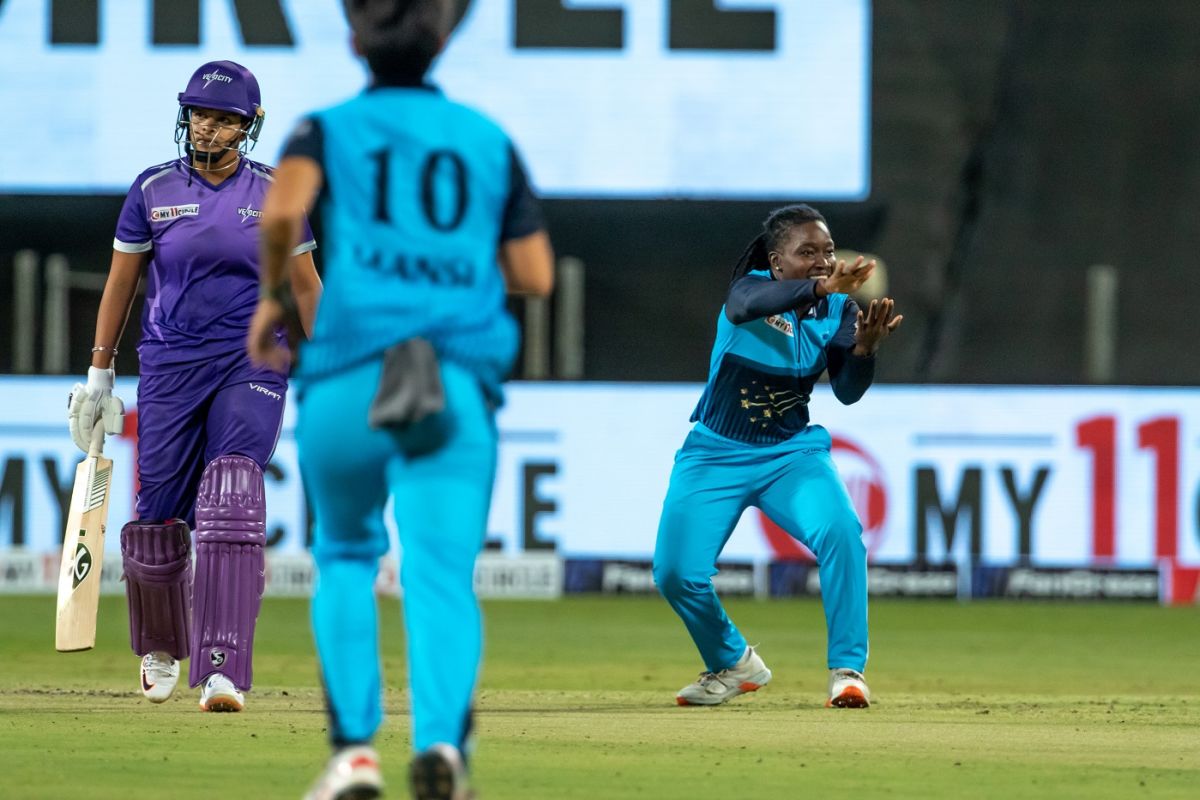 Deandra Dottin celebrates dismissing Shafali Verma, Supernovas vs Velocity, final, Women's T20 Challenge, Pune, May 28, 2022
