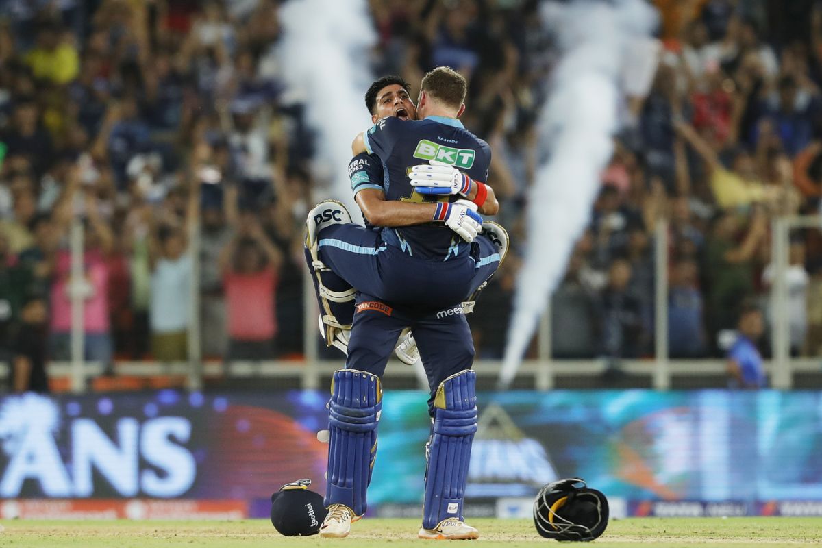 David Miller and Shubman Gill celebrate after the latter hits the winning six, Gujarat Titans vs Rajasthan Royals, IPL 2022, final, Ahmedabad, May 29, 2022