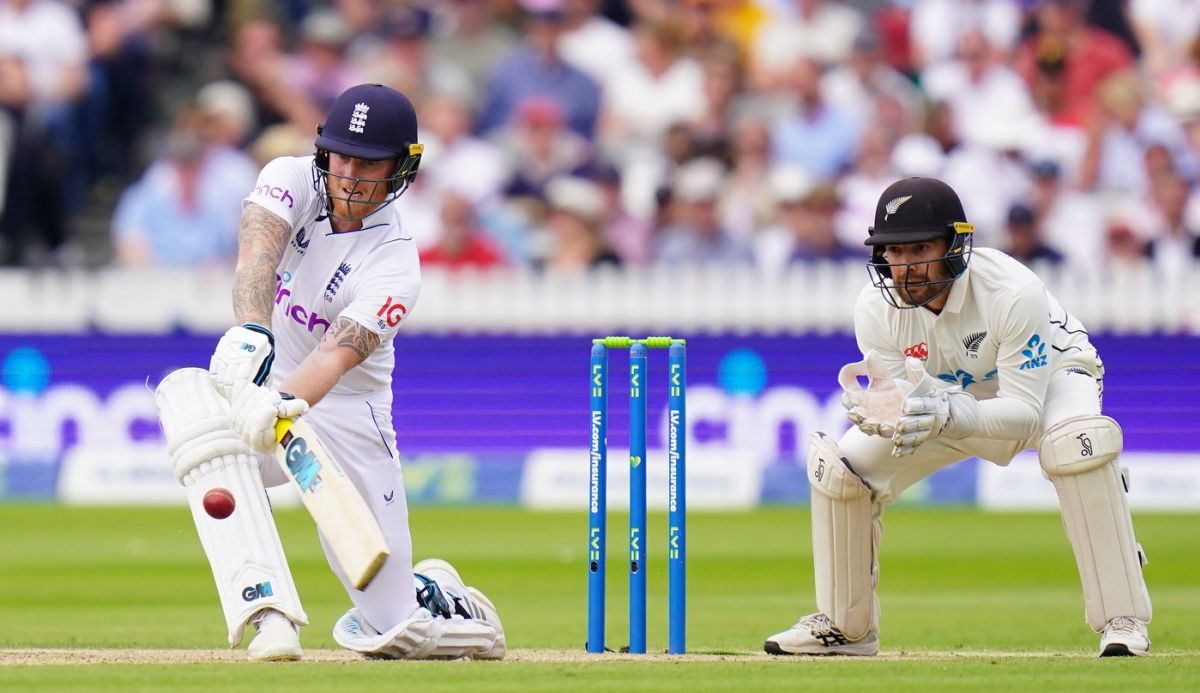 Ben Stokes gets down on a knee to swipe Ajaz Patel over deep midwicket, England vs New Zealand, 1st Test, Lord's, London, 3rd day, June 4, 2022