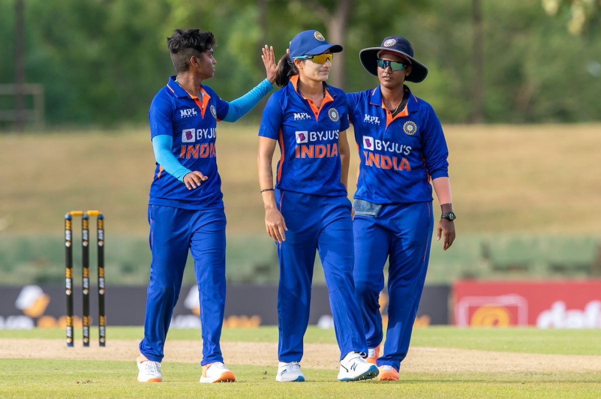 Pooja Vastrakar, Renuka Singh, and Deepti Sharma celebrate, Sri Lanka vs India, 1st women's T20I, Dambulla, June 23, 2022
