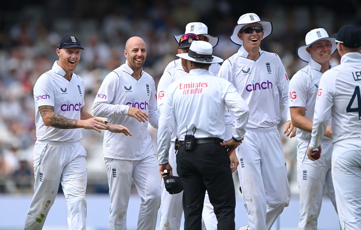 Ben Stokes and Jack Leach look on in surprise after Henry Nicholls fell to a bizarre catch by Alex Lees, England vs New Zealand, 3rd Test, Headingley, 1st day, June 23, 2022