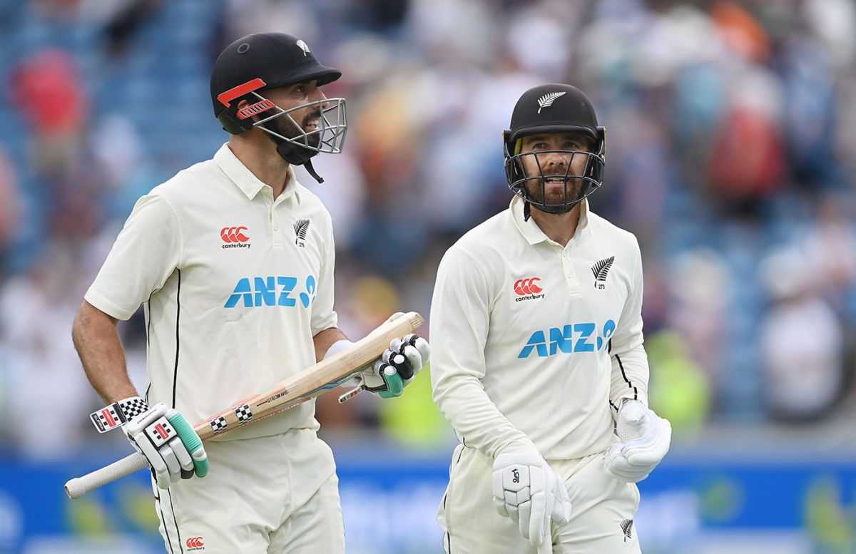 Daryl Mitchell and Tom Blundell walk off with an unbeaten century stand, England vs New Zealand, 3rd Test, Headingley, 1st day, June 23, 2022