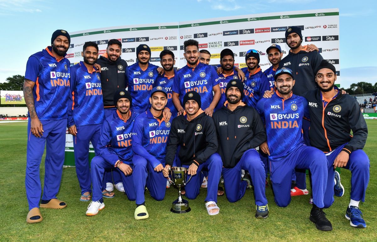 The Indian team poses with the trophy , Ireland vs India, 2nd T20I, Dublin, June 28, 2022 