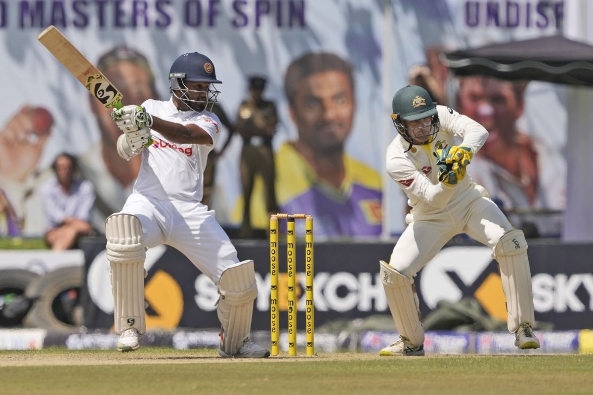 Dimuth Karunaratne laces the square cut on the first morning ...