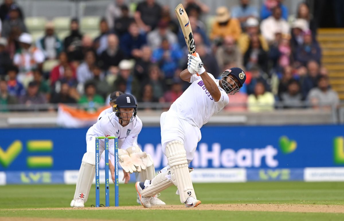Rishabh Pant goes down the track and hits Jack Leach for six, England vs India, 5th Test, Birmingham, 1st day, July 1, 2022