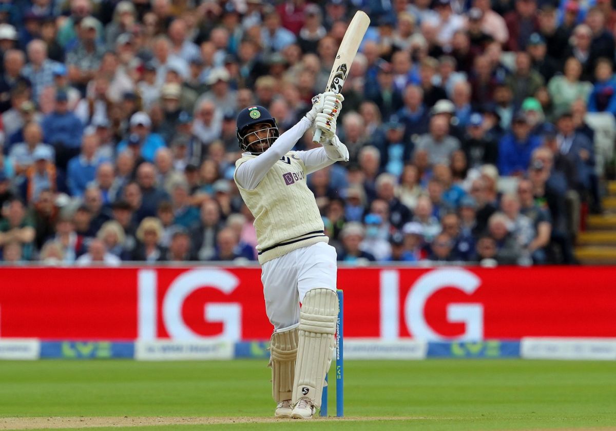 Jasprit Bumrah hits one during the over in which Stuart Broad conceded 35, England vs India, 5th Test, Birmingham, 2nd day, July 2, 2022