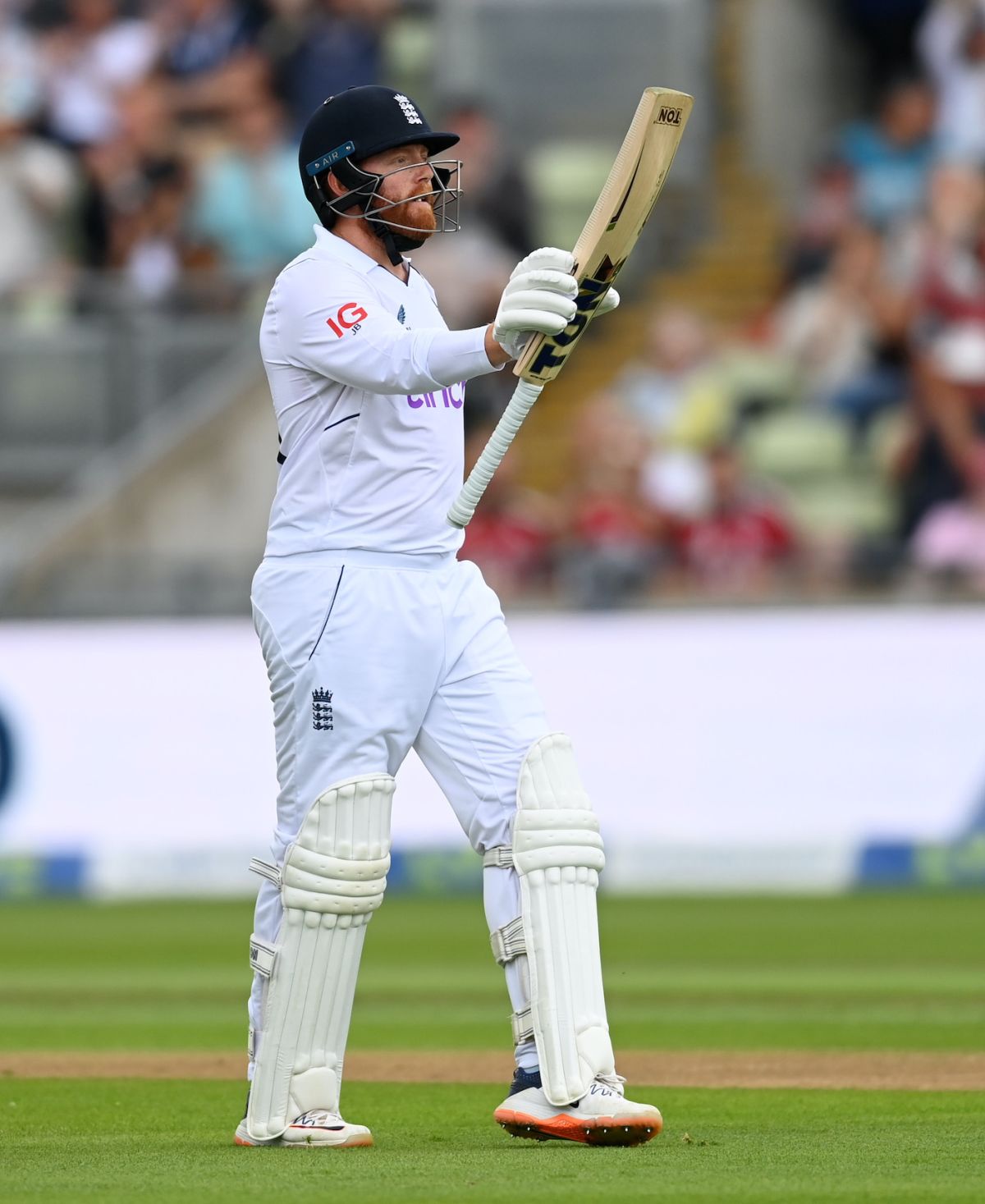 Jonny Bairstow raises his bat upon getting to another fifty, England vs India, 5th Test, Birmingham, 3rd Day, July 3, 2022
