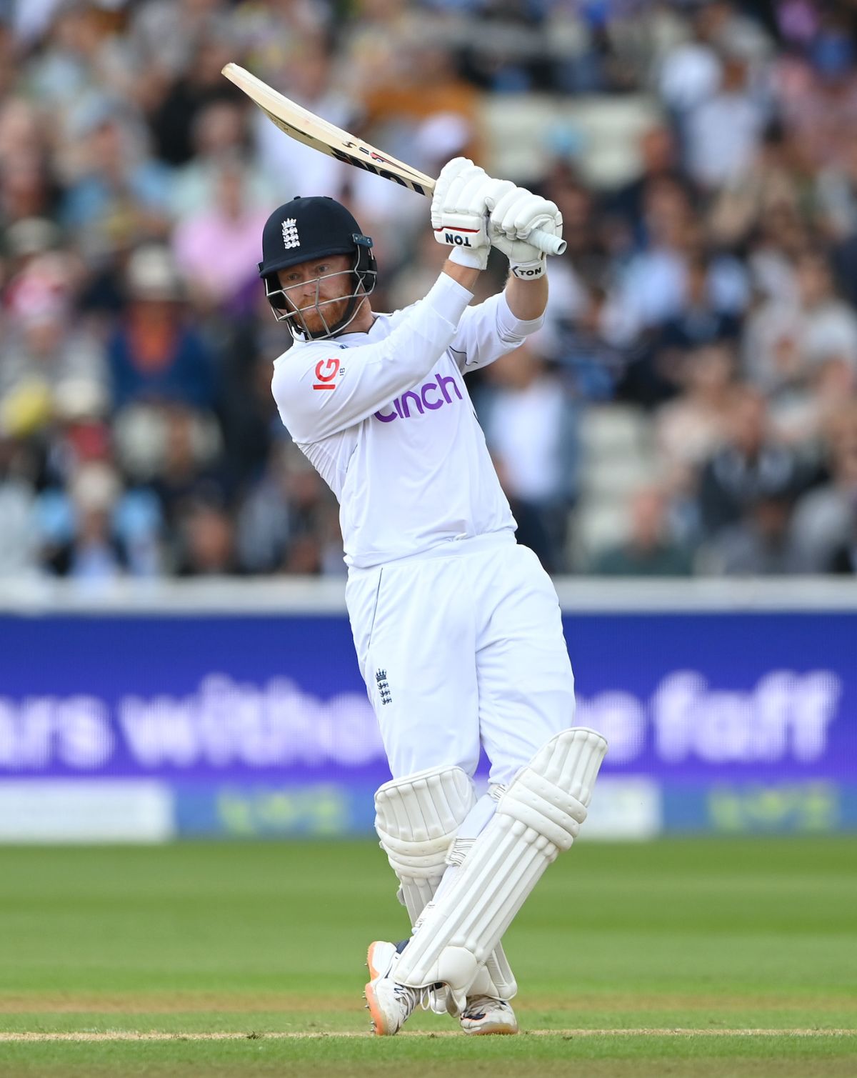 Jonny Bairstow holds his shape after completing a shot with panache, England vs India, 5th Test, Birmingham, 3rd Day, July 3, 2022
