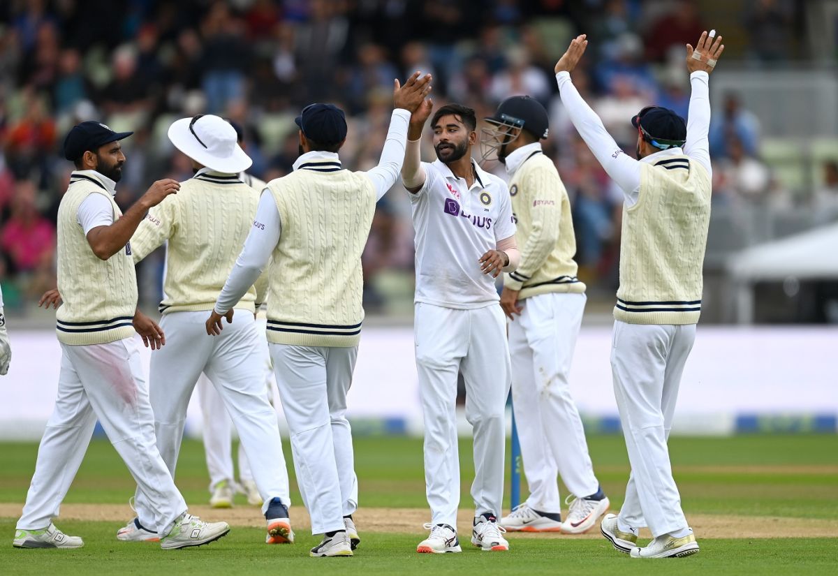Mohammed Siraj celebrates the dismissal of Stuart Broad, England vs India, 5th Test, Birmingham, 3rd Day, July 3, 2022 