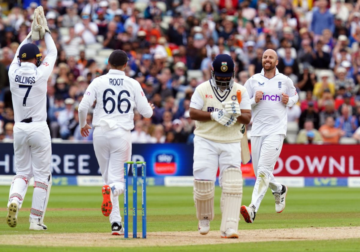 Rishabh Pant fell to Jack Leach, nicking an attempted reverse sweep to Joe Root at slip, England vs India, 5th Test, Birmingham, 4th day, July 4, 2022