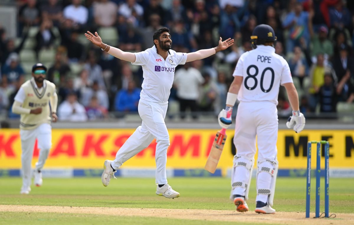 Jasprit Bumrah struck either side of tea, getting Ollie Pope after Zak Crawley, England vs India, 5th Test, Birmingham, 4th day, July 4, 2022