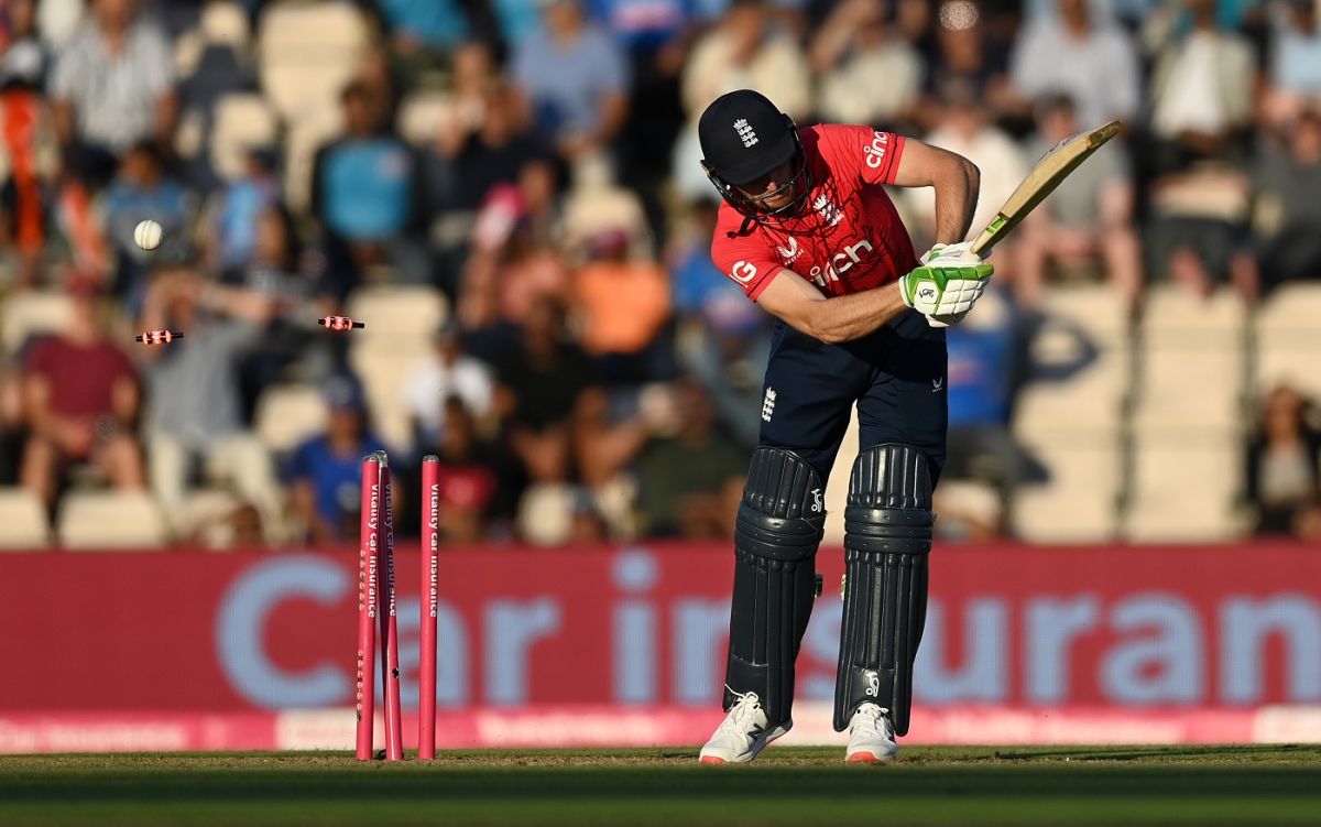 Jos Buttler is bowled , England vs India, 1st T20I, Southampton, July 7, 2022
