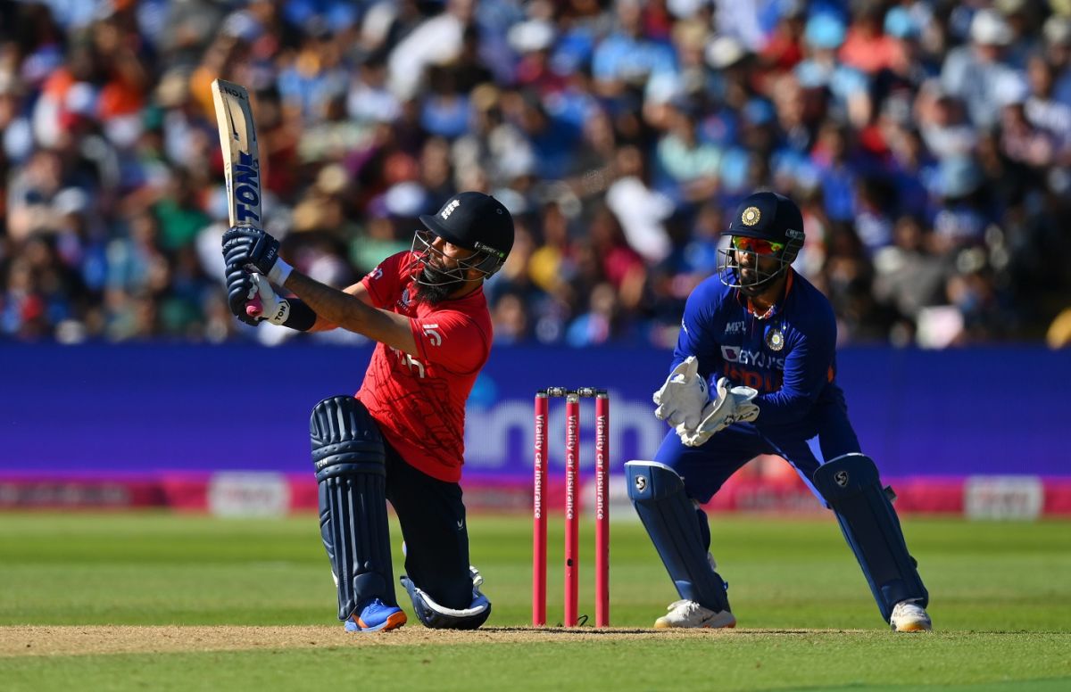 Moeen Ali gave the England supporters something to smile about during his 21-ball 35, England vs India, 2nd men's T20I, Birmingham, July 9, 2022