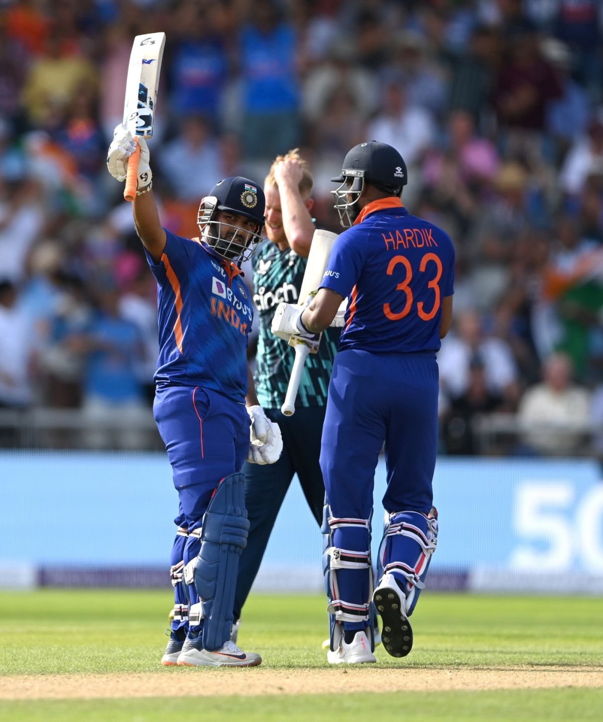 Rishabh Pant drives down the ground