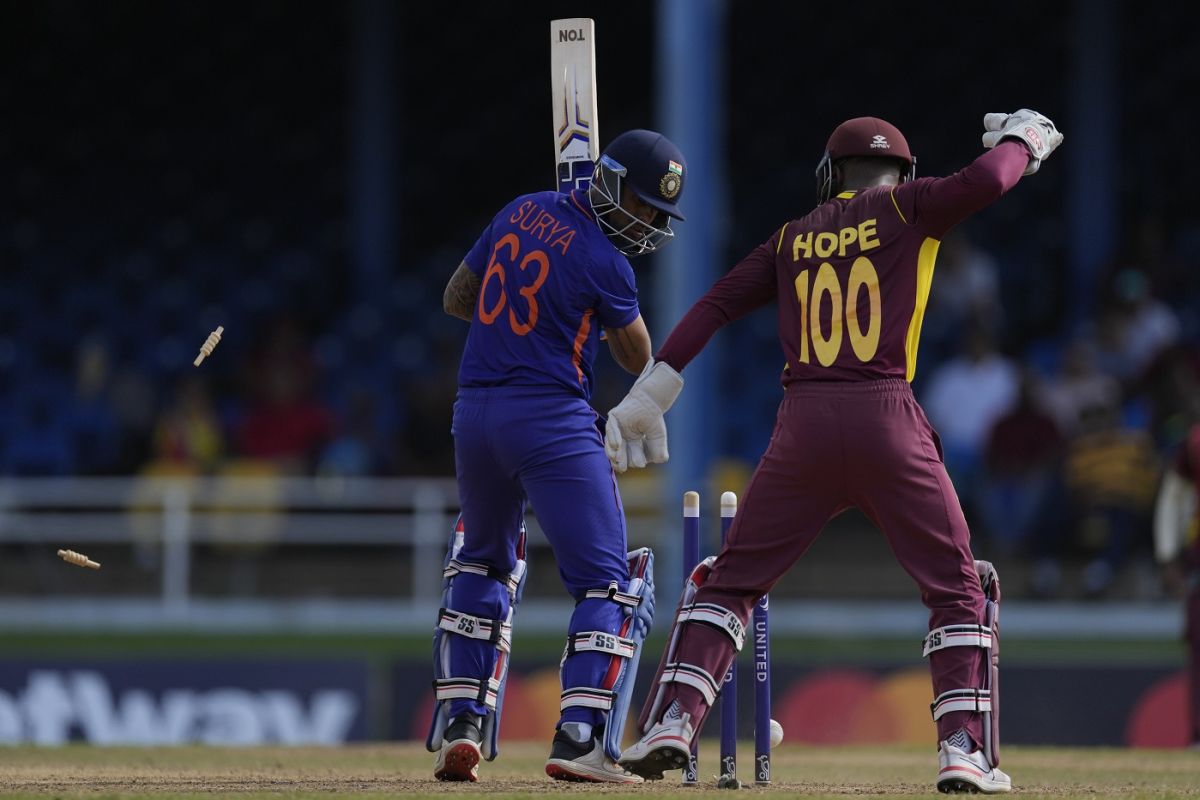 Suryakumar Yadav is bowled, West Indies v India, 2nd ODI, Port of Spain, July 24, 2022