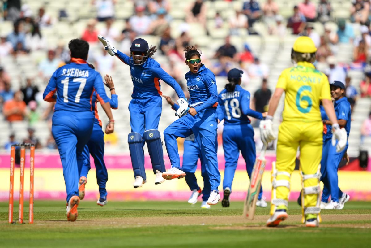 The India players celebrate an early wicket, Australia vs India, Commonwealth Games, Birmingham, July 29, 2022