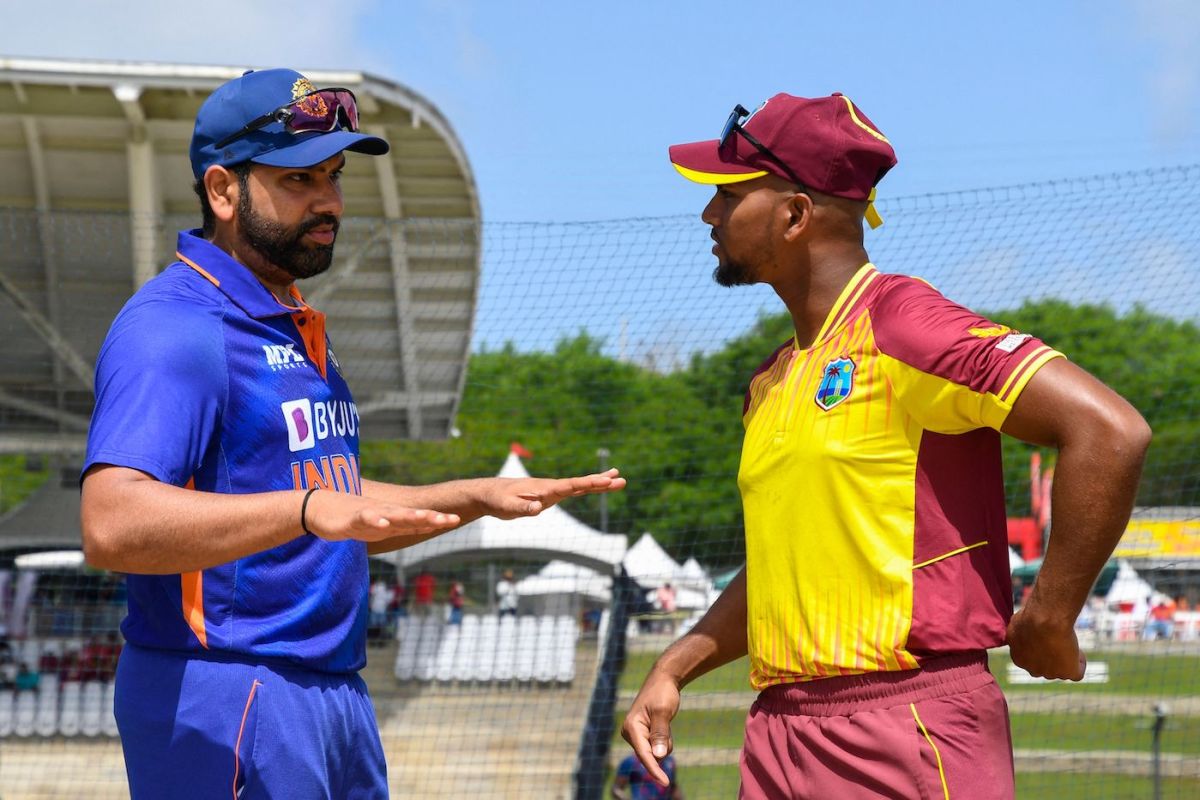 Captains, Rohit Sharma and Nicholas Pooran, have a word while out for the toss, West Indies vs India, 1st T20I, Tarouba, July 29, 2022 