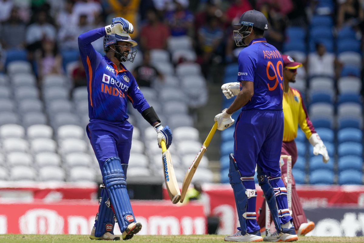 Dinesh Karthik and Ravichandran Ashwin added an unbeaten 52-run-stand to take India to 190, West Indies vs India, 1st T20I, Tarouba, July 29, 2022 