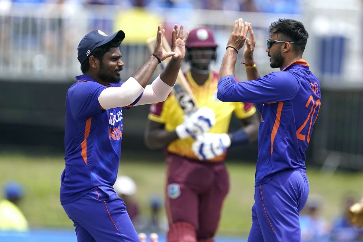 Axar Patel, after dismissing Jason Holder, celebrates with Sanju Samson, West Indies vs India, 5th T20I, Lauderhill, August 7, 2022 