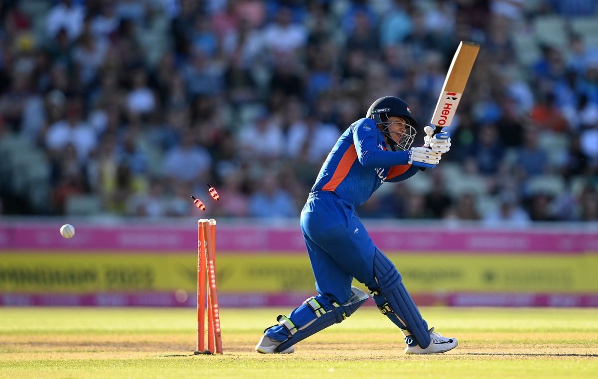 Smriti Mandhana is bowled by Darcie Brown after shuffling across, Australia vs India, Commonwealth Games 2022 final, Birmingham, August 7, 2022