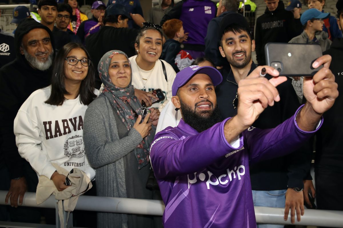 Adil Rashid takes a selfie with fans after the match, Manchester Originals Men vs Northern Superchargers, The men's Hundred, Manchester, Emirates Old Trafford, August 5, 2022