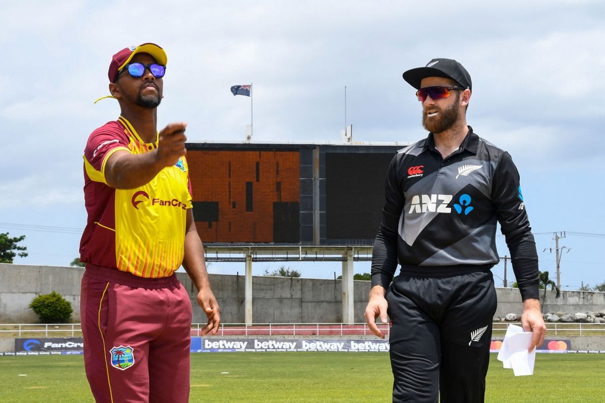 Nicholas Pooran and Kane Williamson at the toss, West Indies v New Zealand, 1st T20I, Kingston, August 10, 2022
