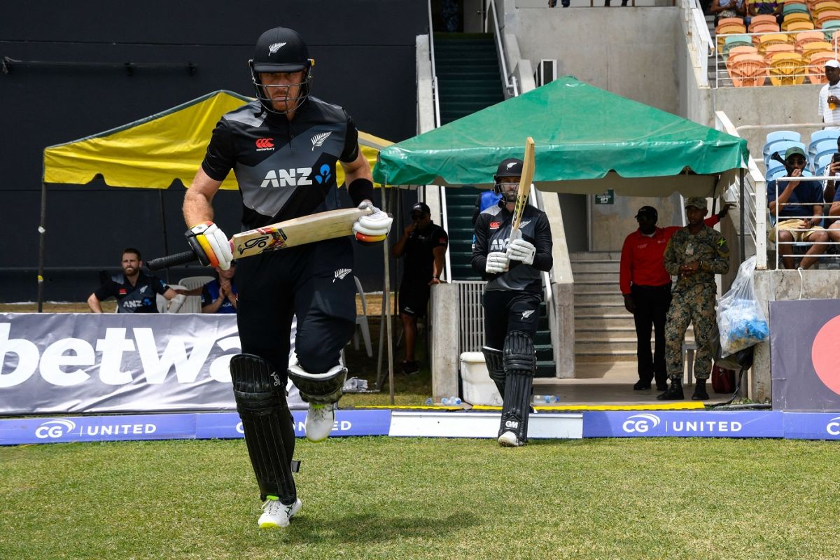 Martin Guptill and Devon Conway make their way out, West Indies v New Zealand, 1st T20I, Kingston, August 10, 2022