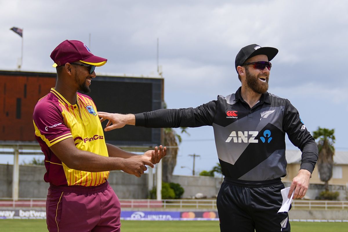 Nicholas Pooran and Kane Williamson got involved in some light banter at the toss, West Indies v New Zealand, 1st T20I, Kingston, August 10, 2022