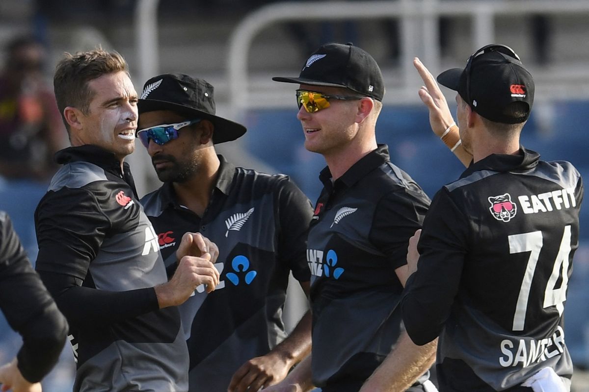 Tim Southee drew first blood for the visitors, getting rid of Kyle Mayers, West Indies v New Zealand, 1st T20I, Kingston, August 10, 2022