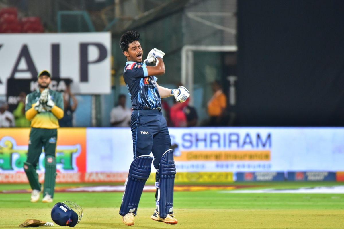 Chethan LR celebrates his century | ESPNcricinfo.com